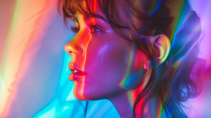 Neon light girl. Fashion model. Rainbow portrait. Peace harmony. Attractive young woman side looking on glowing bright spectrum gradient
