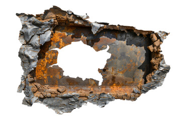 Fototapeta premium A bullet hole in a metal sign, with the torn edges and fragments conveying the force.
