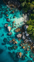 Aerial view of tropical coastline with clear water, rocks, creating picturesque landscape