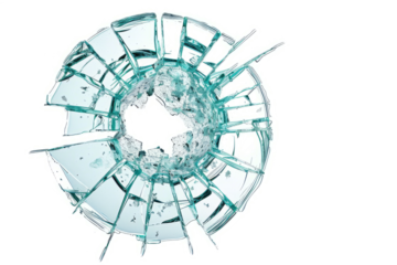 A close-up of a bullet hole in a windshield, with glass shards frozen in time.