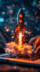 Businessman use laptop with virtual screen of rocket icon and up arrow for fast start up business