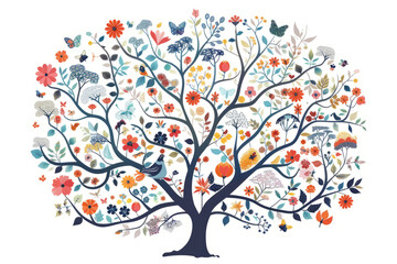 A neural network made up of interconnected natural elements, such as trees and flowers.