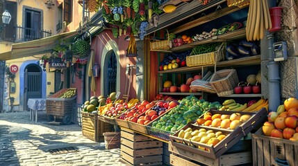 Obraz premium Street outdoors market of natural products. Small local farmer shop of fruits, vegetables in street of Spanish city in sunny day. Detail of Spain. copy space for text.