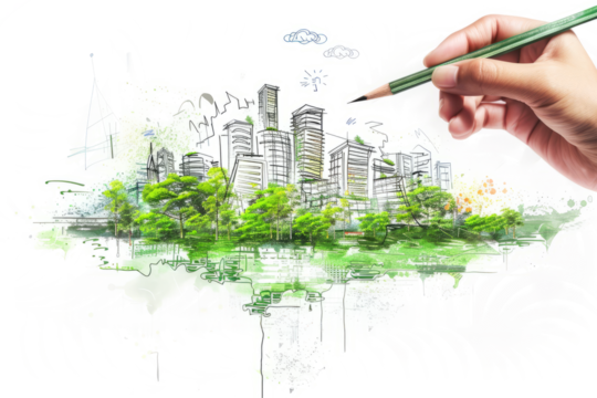 Architect drawing a futuristic city integrated with nature, white background, sustainable architecture concept, detailed drawing
