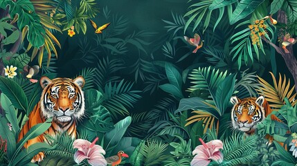 Naklejka premium Exotic Floral Background with Palm Trees, Plants, and Wild Animals: Jungle Tropical Illustration