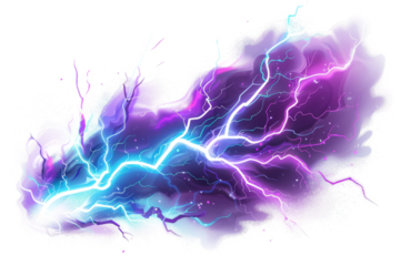 dynamic  of a lightning strike with vivid electric arcs and a stark white background.