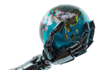 Earth globe supported by robotic arms, white background, environmental protection