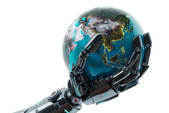 Earth globe supported by robotic arms, white background, environmental protection - Powered by Adobe