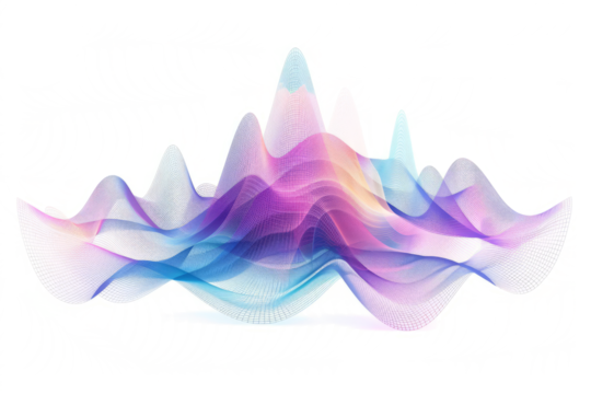 futuristic holographic projection with geometric waves emanating from a central point on a white background.