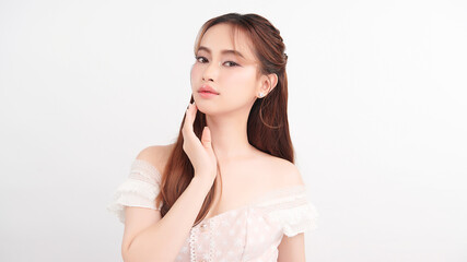 Fototapeta premium Beautiful young asian woman with clean fresh skin on white background, Face care, Facial treatment, Cosmetology, beauty and spa, Asian women portrait.