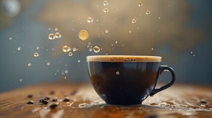 focus on coffee cup Coffee water floats in the background. Want to drink delicious coffee 3d