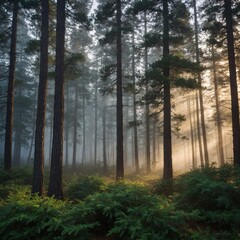 Fototapeta premium Mist curled gently around the towering pines, creating an ethereal atmosphere in the early morning light.