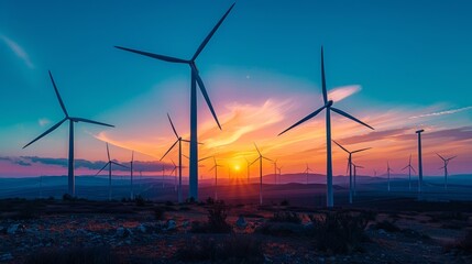 Renewable Horizons: Wind Turbines Silhouetted Against a Vibrant Sunset