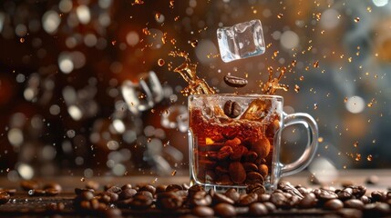 Clear coffee cup with falling ice cubes. Delicious coffee juice. Coffee beans around. Floating liquid backdrop. Studio lights.