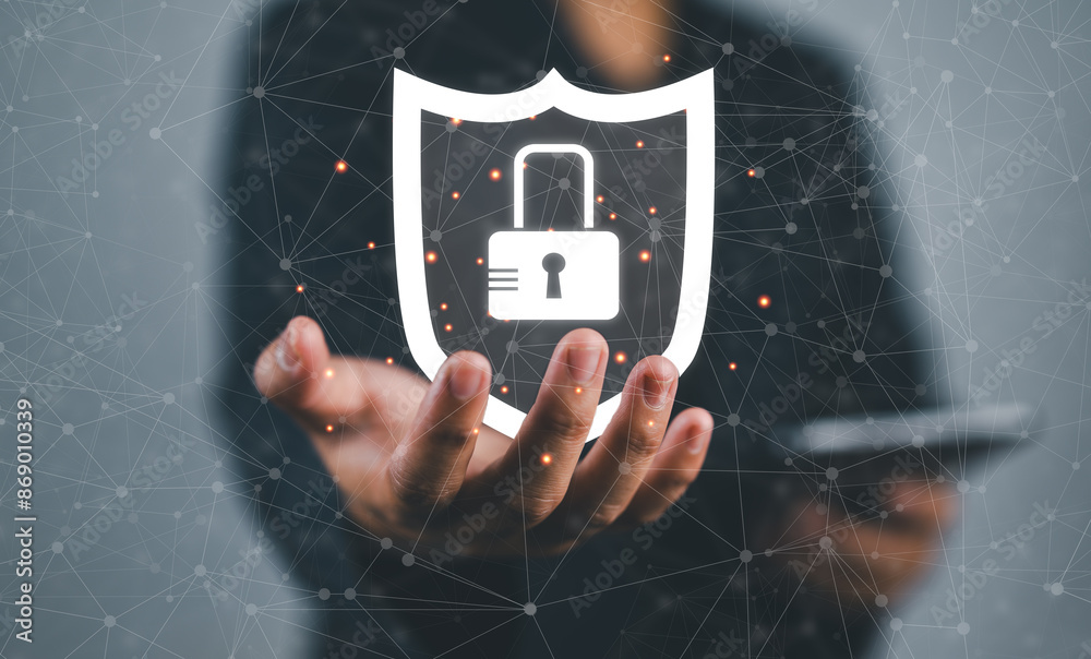 Poster man holding virtual icon shield with a lock symbol, concept about security, cybersecurity and protec