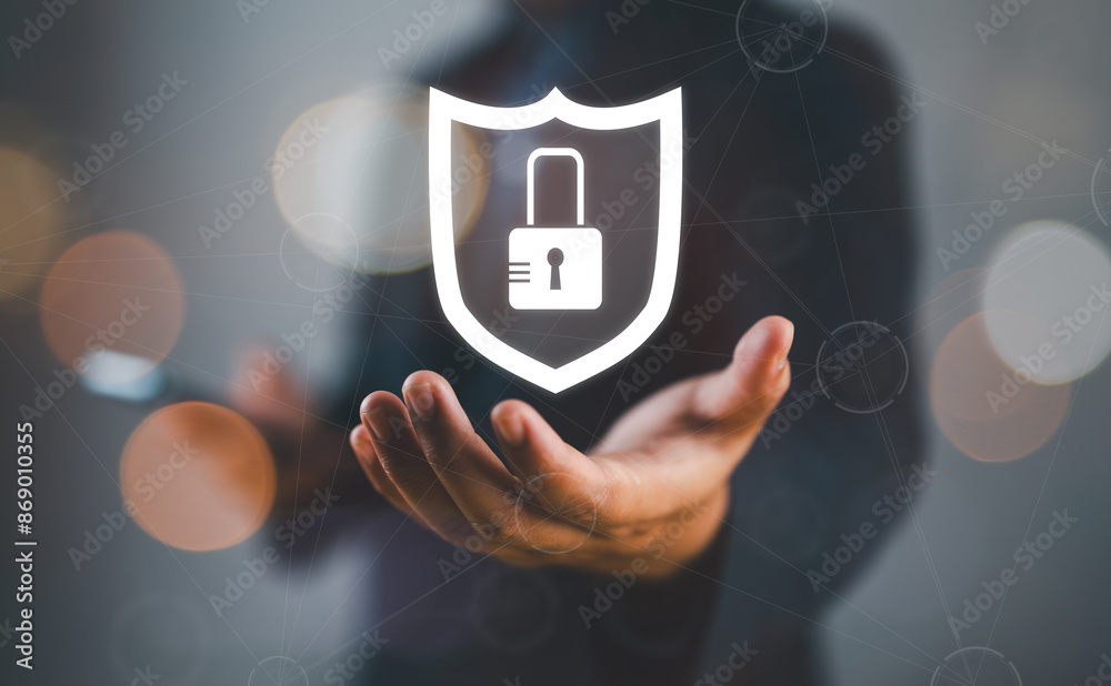 Poster Security shield Lock Security Businessman Protect Concept, man using digital padlock with data protection, Cyber security data protection business technology privacy concept.