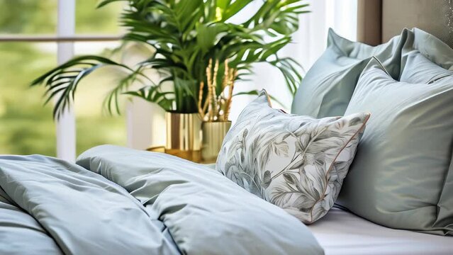 Bed with green bedding and pillow