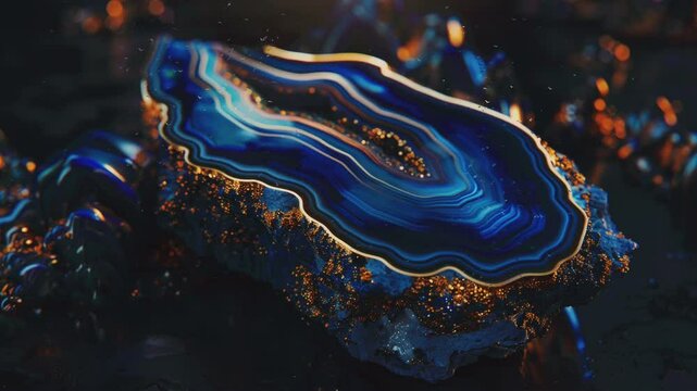 A close-up of a blue and orange agate stone with a smooth, shiny surface.
