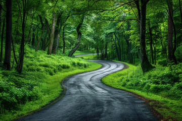 Naklejka premium Winding Road Through Lush Green Forest