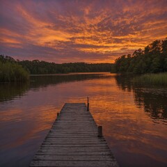 Fototapeta premium As the sun dipped below the horizon, the sky blazed with hues of orange and pink, casting a warm glow over the tranquil lake.