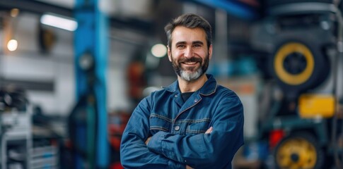 Fototapeta premium A man in a blue shirt is smiling and standing in a garage, Confident mechanic in blue uniform standing in auto repair shop. Concept Automotive, Mechanic, Confidence, Workshop, Blue Uniform