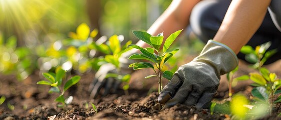 Close-up of hands in gloves planting and nurturing young plants in a garden, under sunlight.