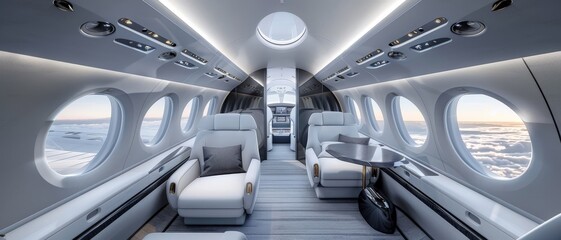 Fototapeta premium Luxurious private jet interior with elegant seating, ambient lighting, and spacious design, ideal for upscale travel and business aviation use.