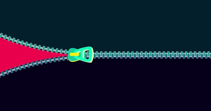 Zipper transition wipe curtain horizontal dark isolated background. Cartoon fastener binder animation preset. Motion design element. Business, art, education, science, fashion.