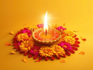 Candle with flowers on yellow background