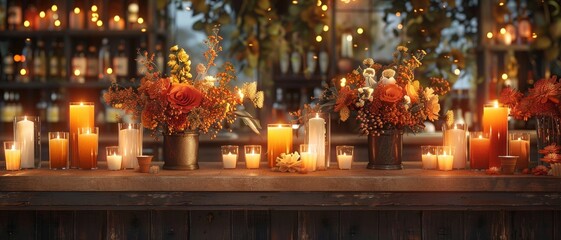 Rustic candlelit table with autumn floral arrangements, creating a warm and cozy ambiance perfect for gatherings and celebrations.