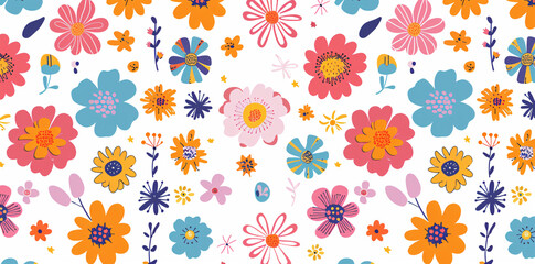 Floral seamless pattern with colorful daisies on a white background. Vector illustration of retro groovy flowers in the flat style. Colorful flower cartoon