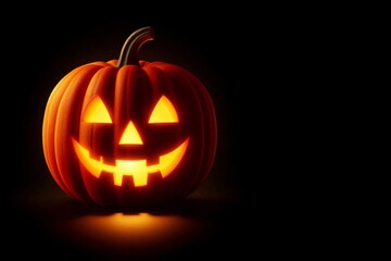 halloween pumpkin head smiling jack o&rsquo;lantern carved glow lamp spooky horror fear black background copy space