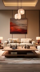 a living room with a couch and a tree on the wall