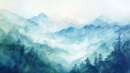 A serene watercolor painting depicting a majestic mountain range under a clear blue sky.  
