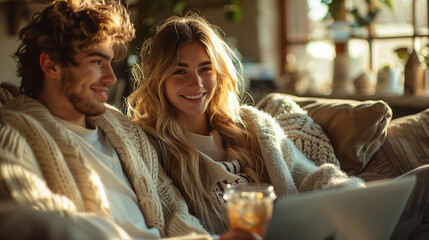Fototapeta premium couple sitting on sofa with laptop