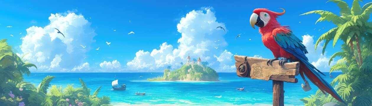 Jolly pirate parrot sitting on a wooden signpost, displaying a treasure map banner, with a treasure island in the distance, in a colorful and whimsical style, 3D Rendering