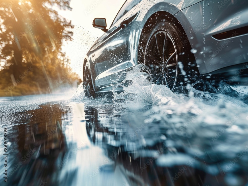 Canvas Prints Car Driving Through Water Puddle