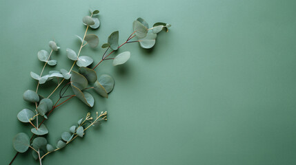 Eucalyptus leaves and pink buds on a light green background with copy space for text, top view. A flat lay style in the minimalist concept of spring or summer nature.


