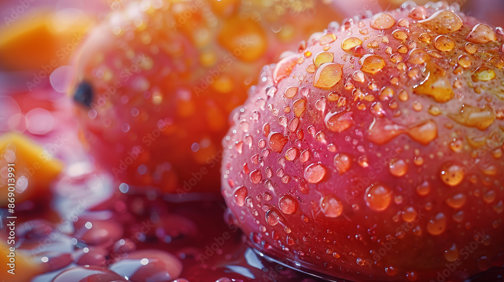 Poster close up of ripe mango with water drops