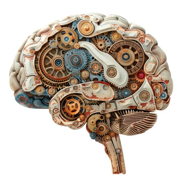 Steampunk mechanical brain with brass gears and vintage design on transparent background clipart