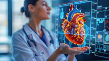 Fototapeta premium Female doctor of Middle-Eastern descent analyzing a 3D digital model of a human heart in a high-tech medical office.