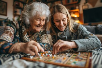 Fototapeta premium A Caucasian elderly woman and her middle-aged daughter enjoying a board game together in a cozy living room.