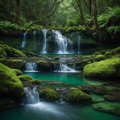 Obraz premium A serene waterfall cascading down moss-covered rocks into a serene, emerald-green pool.