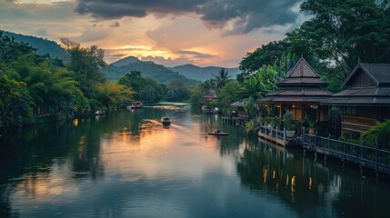 Fototapeta premium Serene Lakeside Retreat with Pavilion and Boats at Sunset in Tropical Paradise