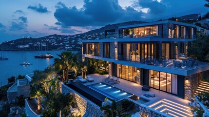 Fototapeta premium Luxurious Oceanfront Villa Nestled in Tropical Landscape with Breathtaking Sunset Views