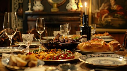 Tempting Portuguese Delicacies Served on Antique Ceramic Platters in Candlelit Baroque Dining Room