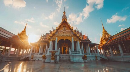 Fototapeta premium Majestic Asian Temple with Ornate Architecture and Gilded Spires at Sunset