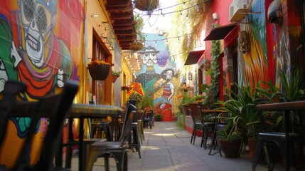 Obraz premium Vibrant Mexican Street Cuisine and Lively Mariachi Music Experience in Bustling City Alleyway