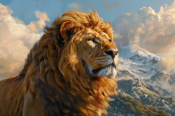 Captivating Digital Painting of a Majestic Lion Portrait with Sculpted Muscle and Serene Expression