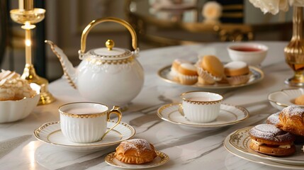 Fototapeta premium A luxurious spread with a pot of Darjeeling tea, a cup and saucer with a gold rim, and a plate of delicate pastries